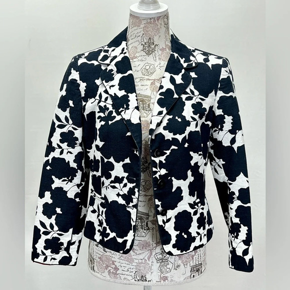 RENA ROWEN Black and white abstract floral crop blazer size 10P. - Picture 1 of 13